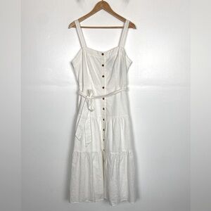 Lulus White Linen Cotton Blend Tiered Maxi Dress Size L Side Pockets Boho Lined